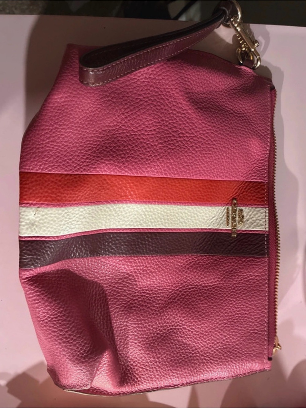 Pink Pebbled Leather Wristlet with Multicolor Stripe Accent